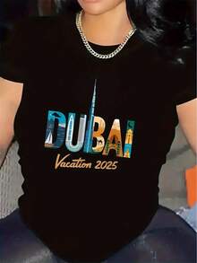 Polyester T-Shirt For Dubai Vacation 2025, Lightweight Breathable Fabric, Ideal For Travel, Beach,    Daily Wear, Comfortable Fit, Durable Design, Perfect For Men    Women, Stylish Graphic Print, Casual Short Sleeve Top - 黑色 - 查看 6