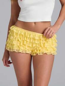 Women's Y2K Ruffle Micro Bloomers Shorts Cute Fluffy Elastic Waist Ruffle Lace Mini Shorts Booty Coquette Boyshorts - Yellow - View 3