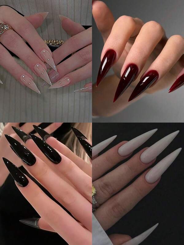 96pcs Of Long Pointed Nails, Simple And Solid Colors, Wine Red, Nude, Transparent White, Black, Long Water Drop Press False Nails, Suitable For Ladies' Party And Gathering Nail Art Decoration