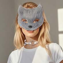 4 Pcs Faux Fur Therian Mask And Tail Set For Women Halloween Furry Cat Ears Fox Mask Paw Tail Choker Cos Accessories,24196894 - 灰色 - 查看 2