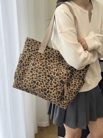 1 pieza Bolso de hombro con estampado de leopardo, bolso de mujer de gran capacidad, minimalista y ligero, estilo universitario para la escuela/universidad