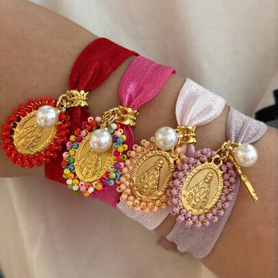 1 pieza Pulsera elástica con icono religioso de San Benito, cruz de perlas y cuentas tejidas de colores vintage, adecuada para uso diario y eventos de mujeres