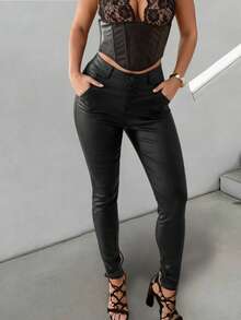Apperloth A 纽扣门襟保暖内衬 PU 皮革紧身裤，女士春/秋季派对纽扣、前纽扣、口袋高腰紧身长款黑色常规版型女裤，休闲日常穿着 - 黑色 - 查看 5