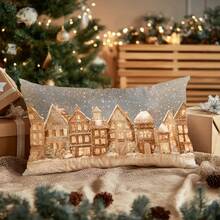 1pc Christmas Retro Town Street Snow Landscape Cushion Cover, Single-Sided Printed Peach Velvet Material, 30*50cm/40*60cm Pillow Case Suitable For Christmas Winter Room Decor, Modern Minimalist Sofa Living Room Decor, Party Decor, Gift