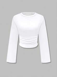 New Stylish Solid Color Ruffle Trim Elegant Long Sleeve Round Neck Blouse, Suitable For Vacation, Date, School, Travel, And Daily Wear - White - View 6