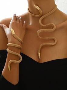 2 pezzi Set di bracciale e collana autunno/inverno, stile retrò punk da donna con catena a serpente, catena a rete versatile e stratificata, gioielli hip-hop esagerati adatti per uso quotidiano, strada e festa
