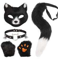 4 Pcs Faux Fur Therian Mask And Tail Set For Women Halloween Furry Cat Ears Fox Mask Paw Tail Choker Cos Accessories,24196891 - 黑色 - 查看 1