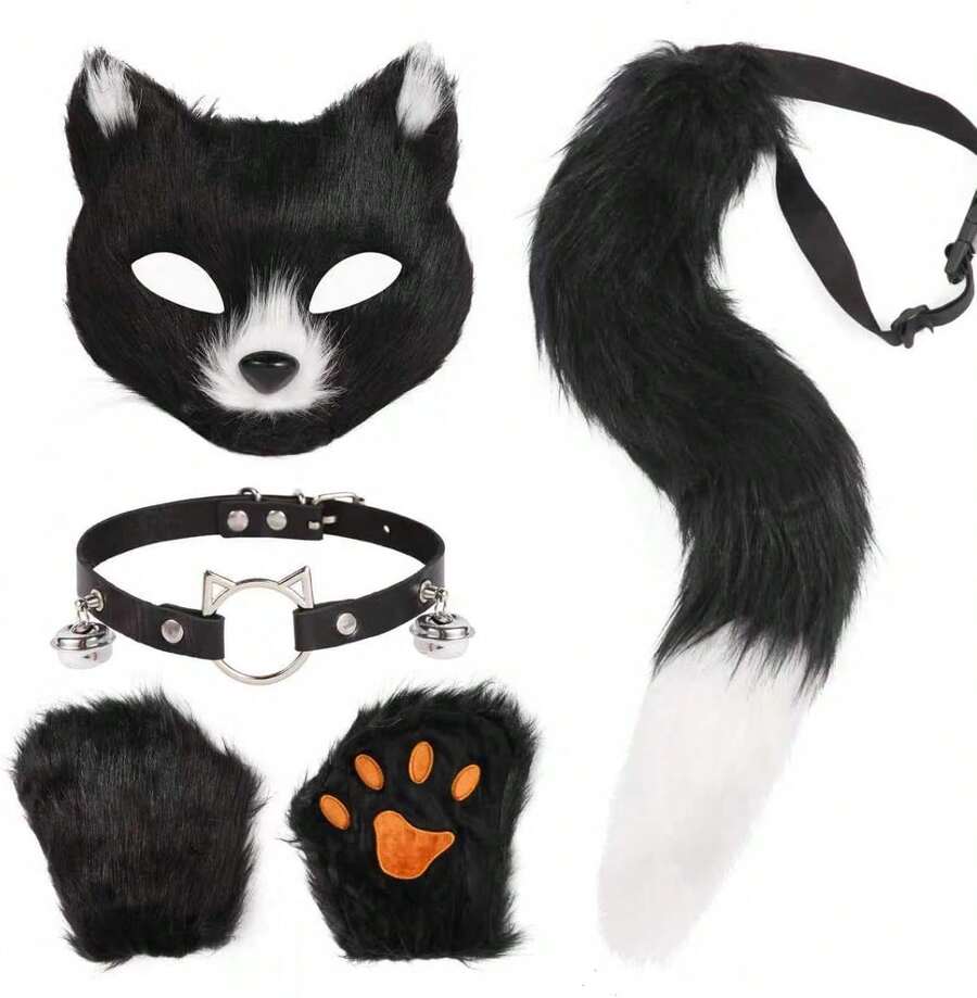 4 Pcs Faux Fur Therian Mask And Tail Set For Women Halloween Furry Cat Ears Fox Mask Paw Tail Choker Cos Accessories,24196891 - 黑色 - 查看 1