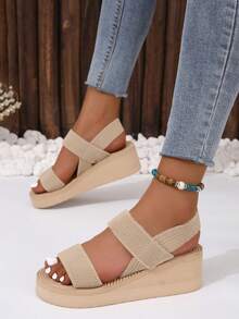 女士简约双带坡跟厚底凉鞋，黑色平底凉鞋，时尚坡跟户外沙滩度假装 - 杏色 - 查看 3