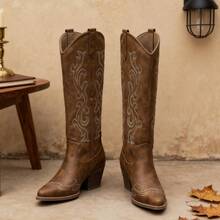 New Women Western Cowgirl Boots, Pointed Toe Embroidered Thick Heel Mid-Calf Fashion Boots - Rỉ Nâu - Xem 5