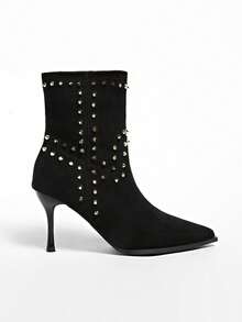 New Women's Brown Suede Rivet Decor Pointed Toe Stiletto Heel Ankle Boots - Black - View 4
