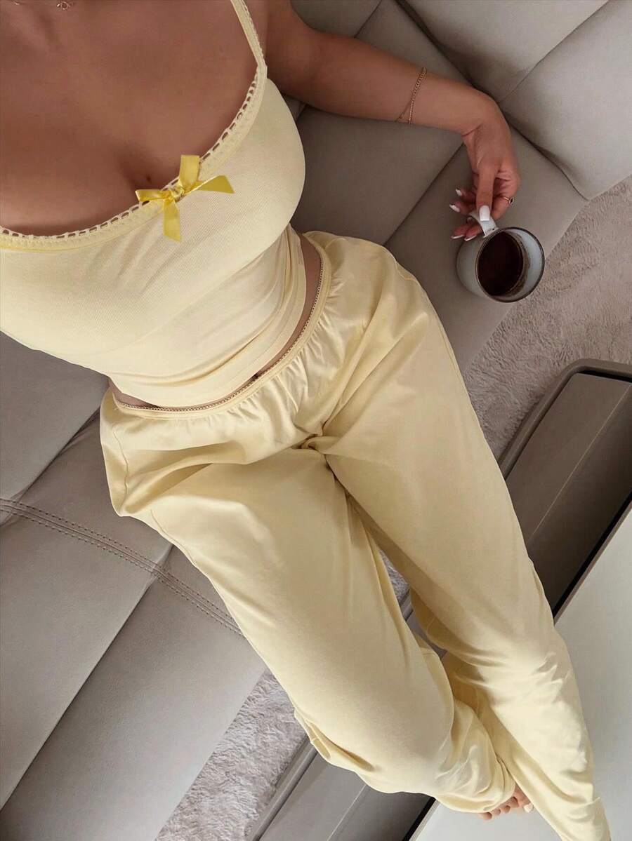 Women Solid Color Minimalist Camisole With Bowknot And Pants Set Casual Suit, Tank Top & Pants Going Out Sets, Women Two Pieces Outfits For Daily Wear - Yellow - View 1