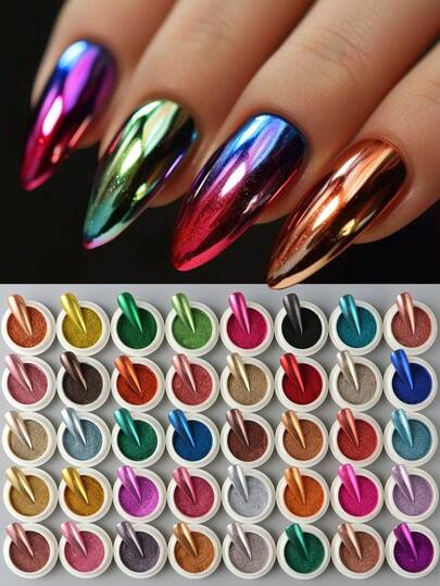 40件/套 Y2K 金属铬镜面美甲粉，彩色美甲闪粉，霓虹色浸粉，美甲配件，美甲用品，装饰品