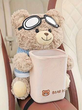 1pc Cute Teddy Bear 2-In-1 Car Tissue Box And Trash Can, Creative Car Storage Organizer, Suitable For Armrest Or Console, Multi-Purpose For Small Trash Storage
