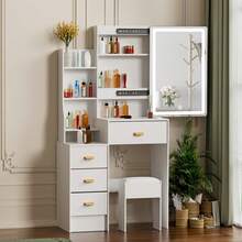 [Top-Wahl für Halloween- und Weihnachtsgeschenke] Schminktisch mit Spiegel, Frisiertisch, Make-up-Tisch mit Schubladen – skandinavischer moderner Stil, Massivholzkonstruktion, dimmbare LED-Touch-Sensor-Leuchten, geräumiger Aufbewahrungs-Organizer mit mehreren Fächern für alle Kosmetika, Hautpflegeprodukte, Schmuck und Accessoires | Perfekter Schminktisch für Schlafzimmer, Badezimmer, Organizer für Studentenwohnheime | Minimalistische, frische Ästhetik, mädchenhafte Wohnkultur, tolles Geschenk für Frauen, Teenager, Brautparty-Geschenk, lokales Lager