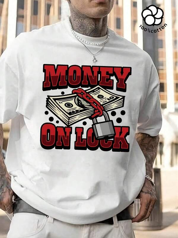 Men's Graphic T-Shirt With Bold "Money On Lock" Slogan & Money Bag Design - Red Hand-Printed Streetwear Hip-Hop Style, Comfortable Round Neck Short Sleeve Tee For Spring/Summer Casual Wear, Street Style,  Fashion, Breathable Shirt, Printed Shirt, Young Adults