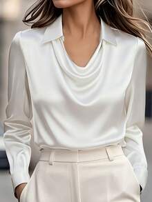 优雅白色缎面垂领T恤 - 100% 涤纶，可机洗，适合休闲和商务场合穿着，四季皆宜，春季穿着舒适 - 白色 - 查看 6