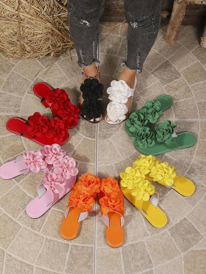 1 Pair Teenage Girls' Fashion Floral Decor Casual Vacation Slip-On Open Toe Flat Sandals, Cute & Sweet Style, Suitable For Valentine's Day, Daily Casual/Indoor Wear