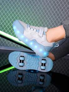 Teenagers' LED Light Up Roller Skate Shoes With Wheels, Retractable For Spring, Summer, Autumn And Winter, All-Season LED Light Wheels Sports Shoes With Fashionable Street Style Plaid, Equipped With Hook And Loop And Rechargeable Lithium Polymer Battery, Low-Top Roller Skating Outdoor Shoes With Breathable PU Upper And Durable TPR Sole - Hồng - Xem 1