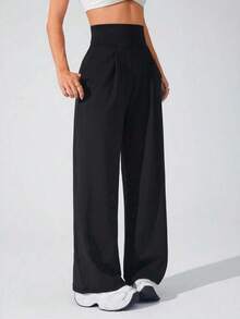 Freedom Pantalones deportivos de cintura alta, unicolor, con pliegues y bolsillos, pernera ancha para mujer con diseño cruzado para actividades, aptos para pádel, tenis, pickleball, gimnasio y fitness en otoño e invierno - Negro - Ver 5