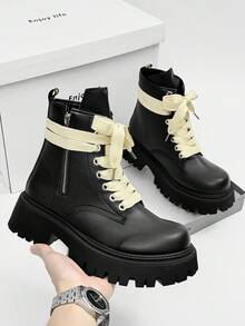 SLnU3 SLnU 3 Men's Fashion Casual Thick Sole Height-Increasing Boots Creative Personalized Design Lace-Up Double Zipper Punk Hip-Hop British Street Outdoor Versatile All-Season Style - Black - View 12
