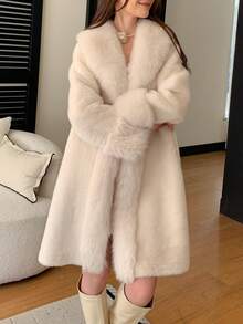 女士优雅仿毛领夹克，冬季 - 白色 - 查看 2