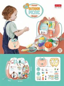 3-6岁女孩角色扮演单肩包，PP材质，便携式玩具收纳包，内含化妆/厨房/野餐/医生牙医工具套装，是亲子互动玩具的理想之选，适合旅行、派对游戏，也是送给小女孩的完美圣诞节、生日礼物。