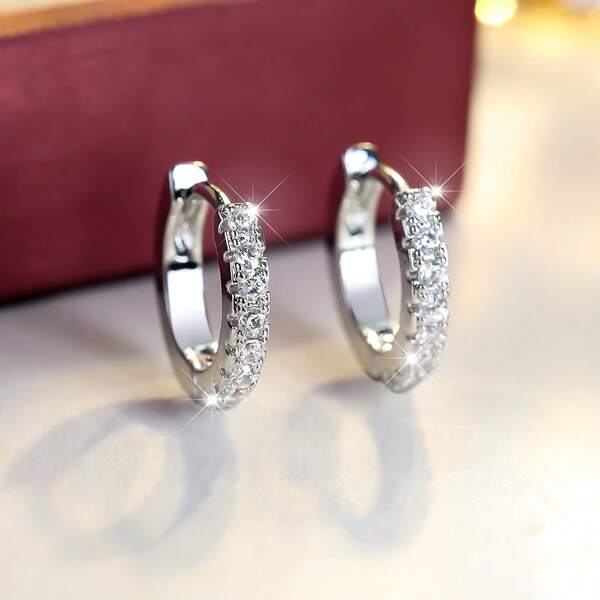 Fashionable Round Mini Hoop Earrings With Synthetic Cubic Zirconia Stones, Luxury Earrings For Women