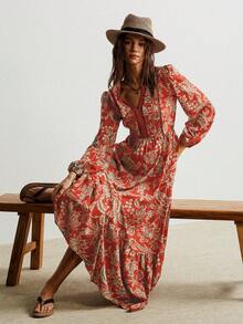 Rusttydustty Đầm dài tay màu nâu cổ chữ V ren khoét rỗng kiểu Bohemian, thích hợp cho đi biển, lễ hội âm nhạc, kỳ nghỉ nhiệt đới, thanh lịch. - Màu Cam cháy - Xem 6
