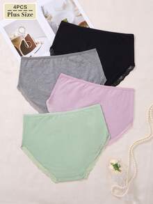 4 piezas Bragas de talla grande de algodón de unicolor con adorno de encaje, cómodas y elegantes de cintura alta - Multicolor - Ver 2