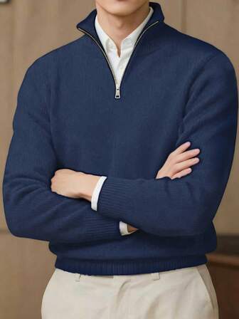 1 件男童/青少年时尚百搭休闲日常通勤学校复古纯色拼布舒适户外拉链针织毛衣，适合春季、秋季、冬季、万圣节