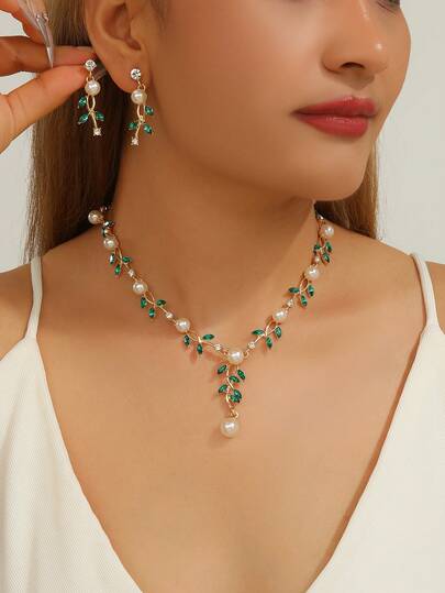 3 قطع طقم مجوهرات أوراق بلورية - أقراط وقلادة، أنيقة للمناسبات الرسمية