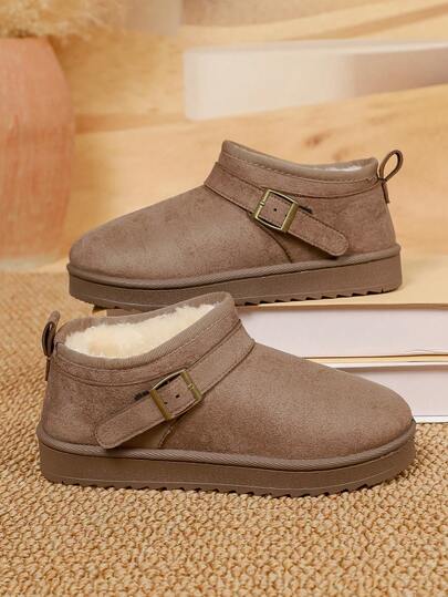 1 Pair Khaki Solid Color Casual Buckle Decor Women's Simple Metal Buckle Warm Snow Boots, Fuzzy & Bare Ankle Boots, Outdoor Winter