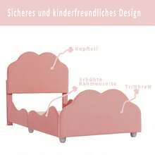 Kinderbett 90x200 cm mit Wolken-Kopfteil & hohem Geländer - Polsterbett aus hautfreundlichem Samt, Einzelbett in Rosa - Rosa + Gepolstert - Übersicht 6