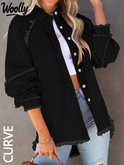 女士加大码黑色磨边单排扣休闲宽松长袖夹克，秋冬牛仔夹克