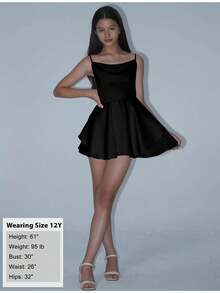 EXARUS Girls' Dress 2025 Summer New Style Party Neck/Scarf Neck Double Design Dress Ruffled Flowing Hem Short A-Line Skirt Pleated Solid Color Sleeveless Suspender Dress Suitable For 8-14 Years Old - Đen-55 - Xem 5