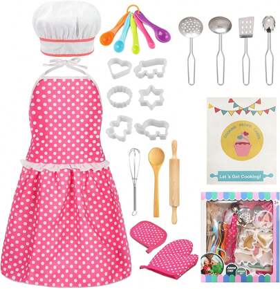 Kids Cooking Baking Set , Kids Kitchen Pretend Toys, Children Chef Role Costume Set - Chef Hat And Matching Pink Apron, Birthday Xmas Gifts 3-8 Year Old Girls Toys,Birthday,Party Gifts