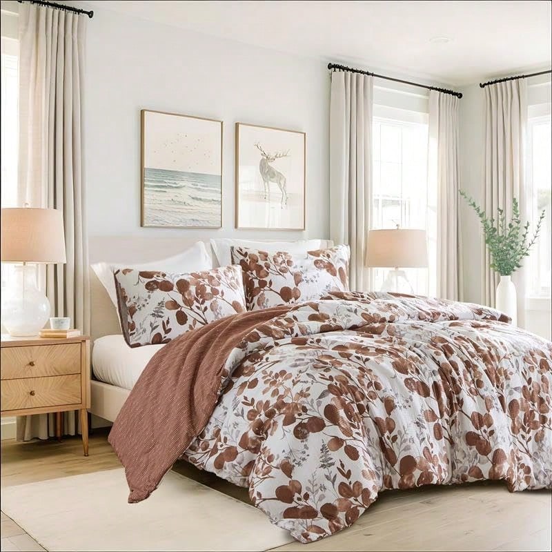 Lightweight Seersucker Botanical King Size Comforter Set, Reversible Design Bed Comforter, Premiuicrofiber Bedding Set, Comforter And Shams Set, Terracotta,24191362 - Pale Blush - 查看 1
