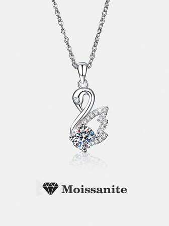 1pc Elegant 925 Sterling Silver 1 Carat 6.5mm Moissanite Swan Pendant Necklace, Suitable For Women's Daily Wear, Party, Valentine's Day, Mother's Day, Wedding Anniversary, Women's Jewelry Gift