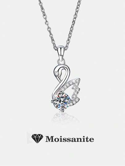 1pc Elegant 925 Sterling Silver 1 Carat 6.5mm Moissanite Swan Pendant Necklace, Suitable For Women's Daily Wear, Party, Valentine's Day, Mother's Day, Wedding Anniversary, Women's Jewelry Gift