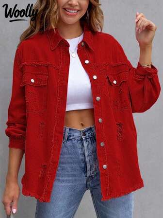 女式纯色做旧前扣破洞口袋牛仔休闲长袖夹克