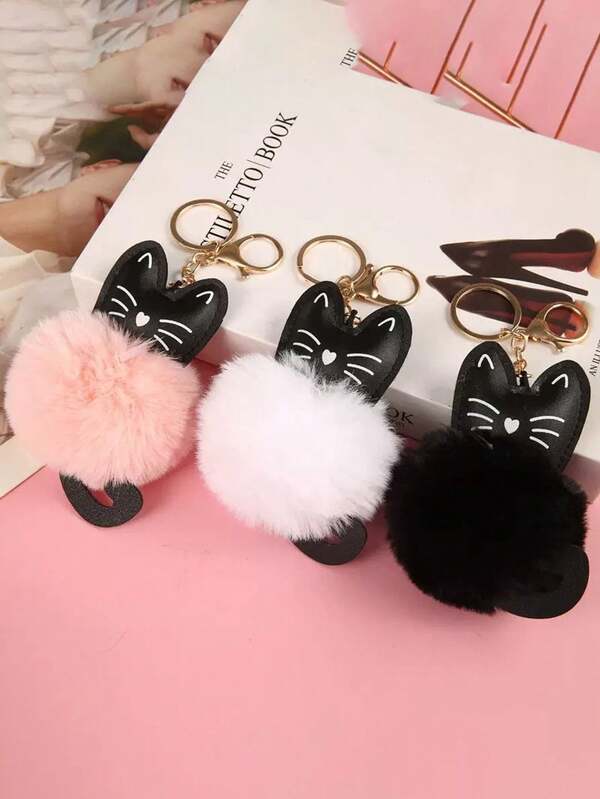 1 pieza Adorable llavero y colgante de bolso con forma de corazón negro y gatito con bolas de peluche, decoración de gato linda para mujeres y niñas - regalo perfecto para el Día de San Valentín, cumpleaños, ocasiones diarias o especiales, joyería de gato, accesorio de llavero de moda, detalles decorados con lazos, artesanía compleja, adornos navideños para bolsas, accesorios para autos, ideas de regalo para maestros, amigos, hermanas
