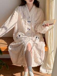 1Pc Women's Cozy Coral Fleece Hooded Robe - Warm And Soft Lounge Dress With Pockets, Machine Washable - Perfect For Fall And Winter - Multicolor - View 6