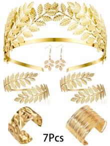 Greek Goddess Costume Accessories Set For Women Golden Laurel Leaf Crown Headband Coil Upper Arm Bracelet Golden Bracelet Pearl Leaf Dangle Earring Faux Pearl Earrings Necklace Bridal Wedding