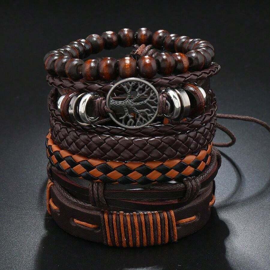 6pcs Vintage PU Woven Tree Of Life Beaded Bracelet Set, Unisex, Suitable For Fathers Day, Boyfriend Gift, Daily Wear - màu đen - Xem 1