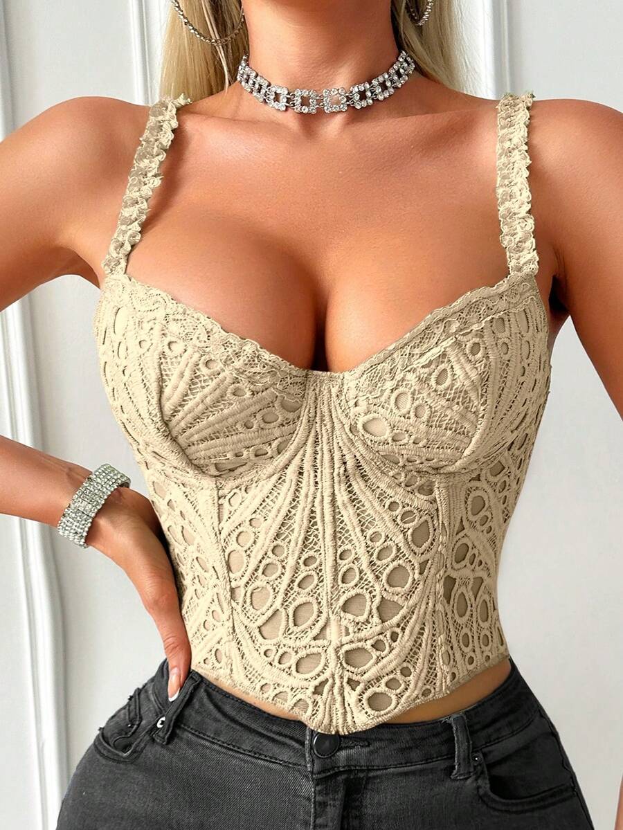 1 pieza Parte superior corta de encaje floral calada con textura verde menta, adecuada para uso diario/fiesta/boda