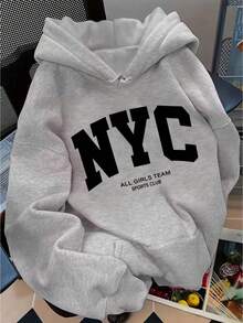 Mujer Casual Sudadera Estampado NYC Patch Bolsillo Ajuste Holgado Capucha Manga Larga Otoño Invierno Diario - Gris - Ver 1
