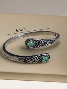 1pc Luxury Green Agate Inlaid Bracelet, Adjustable Vintage Style Bangle, Suitable For Parties, Events And Daily Wear