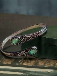 1pc Luxury Green Agate Inlaid Bracelet, Adjustable Vintage Style Bangle, Suitable For Parties, Events And Daily Wear