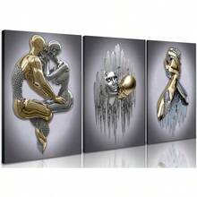3 Pieces, Modern Bedroom Wall Art, Metal Effect Oil Painting Wall Decoration, Abstract Figure Statue Art Print Living Room Home Decor - 2D Flat - 銀色 - 查看 1